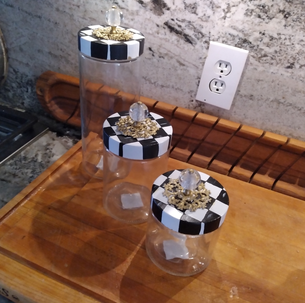 Set of 3 glass Jars 9 7 5" Height Black White Checks Hand Painted by me
